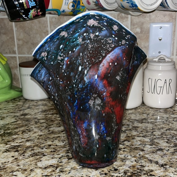 Vintage Hand Blown Glass Art Vase Ruffled Edge Space Universe Art - Picture 3 of 12